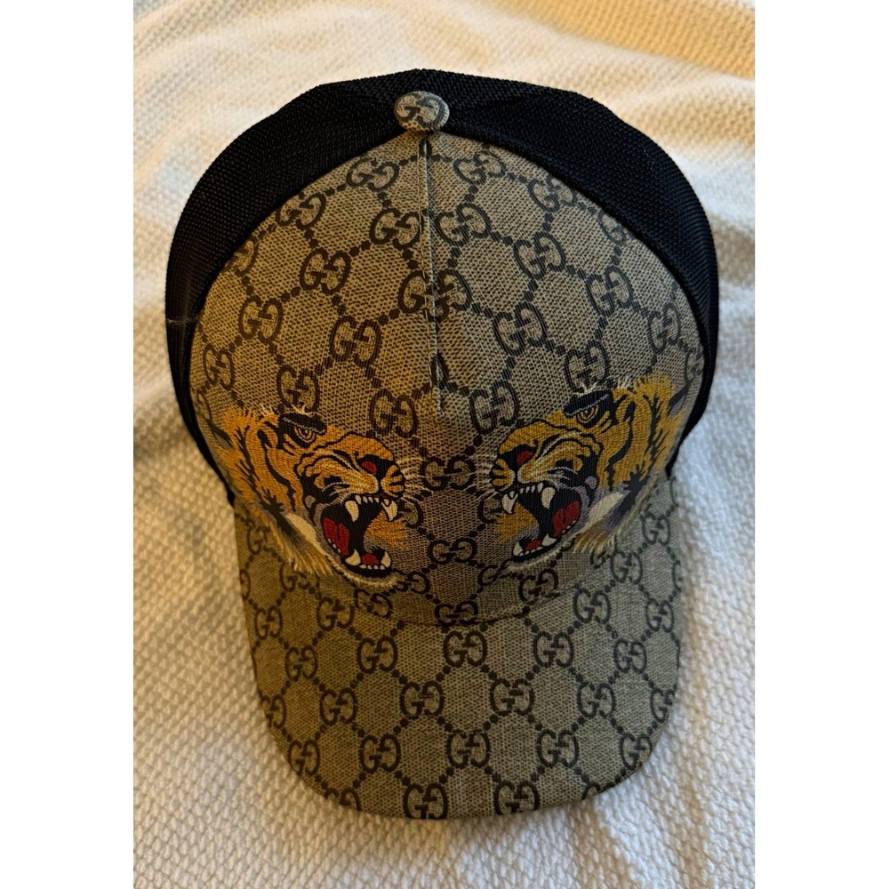 Gucci Men's GG Monogram Baseball Cap Hat Beige Black Tiger Mesh Back One Size